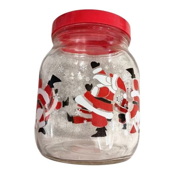Vintage Christmas Santa Glass Jar Red Lid Holiday Candy Cookie Kitchen Decor - Picture 2 of 8